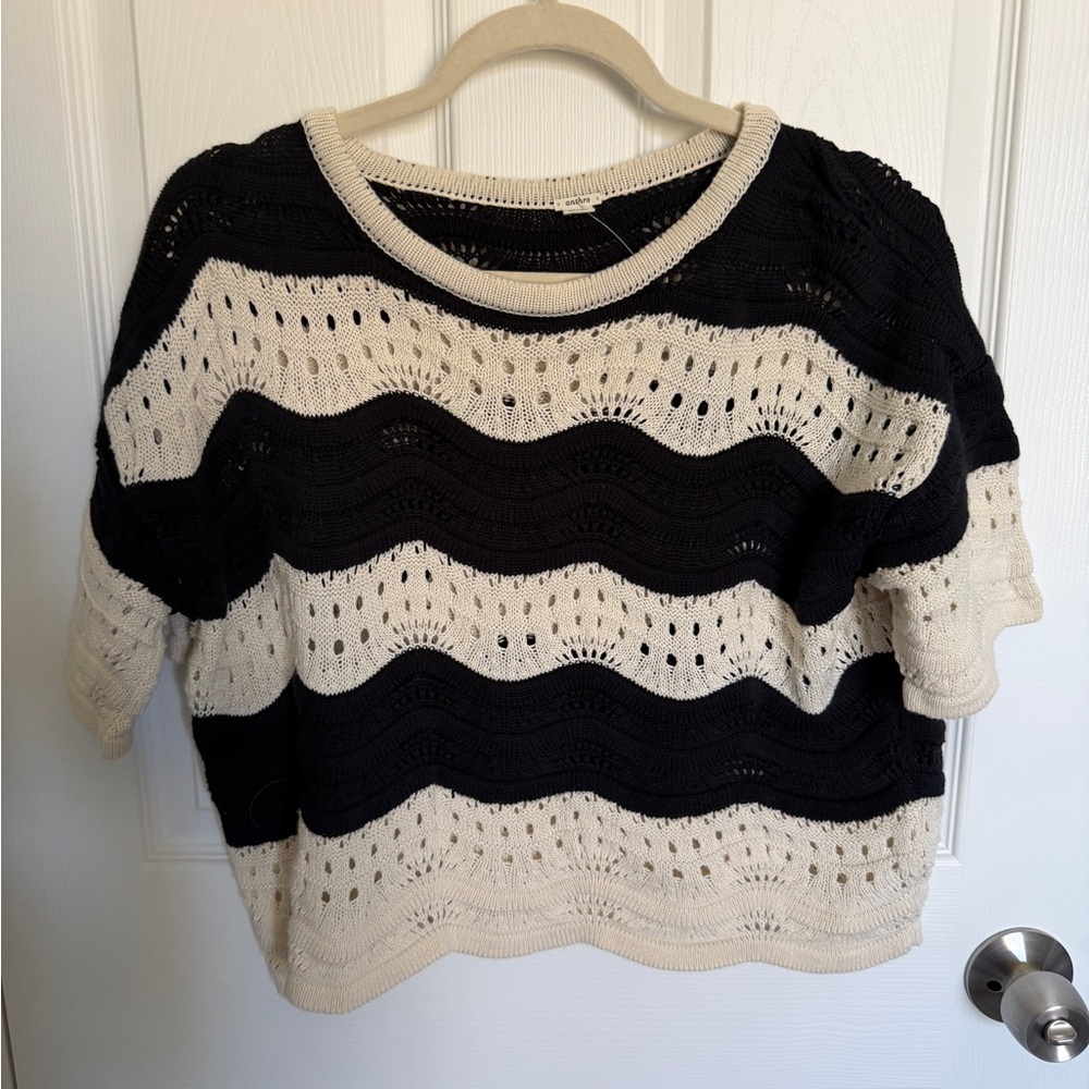Anthropologie Black and Cream Wave-Stripe Open Knit Scoop Sweater